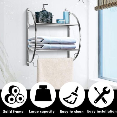 Wall Mount 2 Tier Bathroom Shelf with Bars, 18" W X 10" D X 22" H, Home Toilet Double Layer Rustproof Chrome Shelf