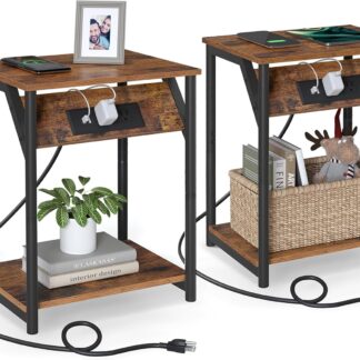 Table with Charging Station, Set of 2, Small Side Tables for Living Room, Bedroom, Nightstand with Outlets and USB Ports, Bedside Table with Storage Shelf, Rustic Brown and Black