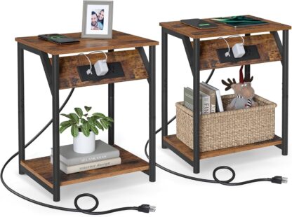 Table with Charging Station, Set of 2, Small Side Tables for Living Room, Bedroom, Nightstand with Outlets and USB Ports, Bedside Table with Storage Shelf, Rustic Brown and Black