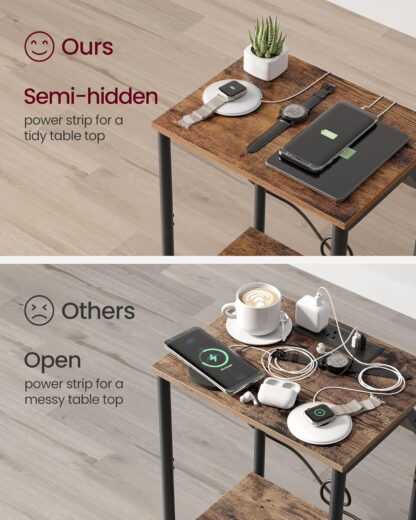 Table with Charging Station, Set of 2, Small Side Tables for Living Room, Bedroom, Nightstand with Outlets and USB Ports, Bedside Table with Storage Shelf, Rustic Brown and Black - Image 3