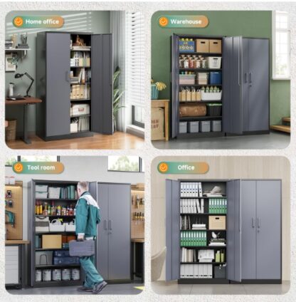 Metal Storage Cabinets with Lock Door and 5 Adjustable Shelves, Steel Garage Tool Organization Cabinets for Home,Utility Room, Warehouse,Lockers(71"-Black Gray) - Image 2